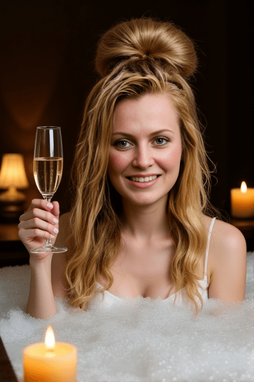 Bella Luxe — That She is in a bubble bath with candles, hair pinned up, champagne glass in hand, bubbles barely covering look hits different